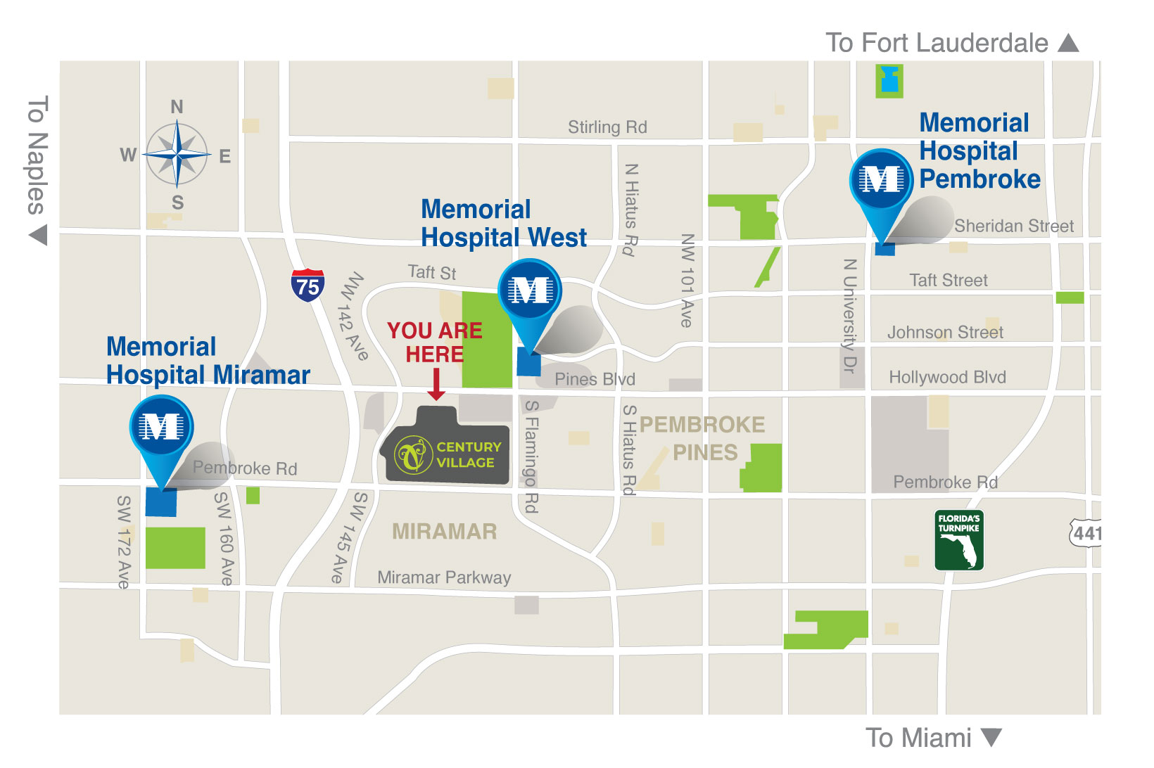 Image of map of hospitals near Century Village Pembroke Pines